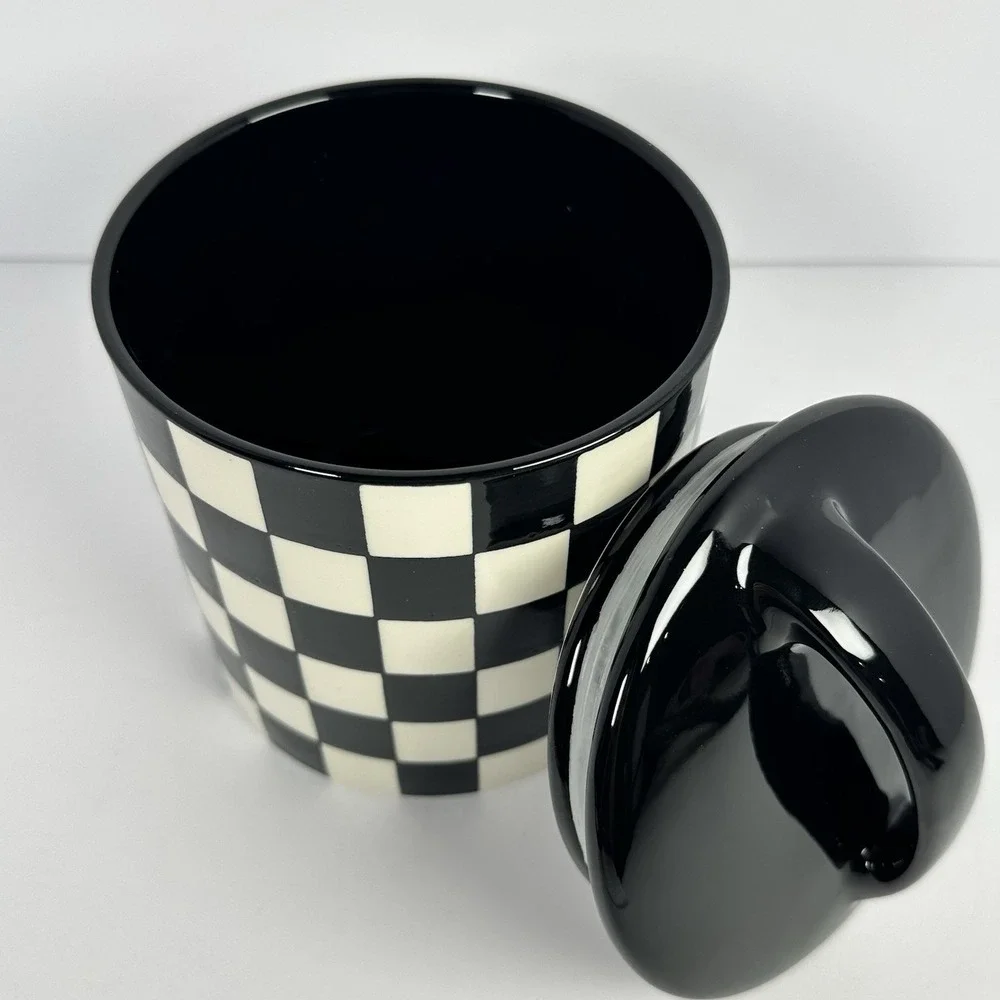Potter's Studio Black White Checkered Cookie Jar‎ Ceramic Canister W Lid NEW